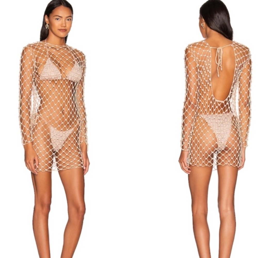 Tularosa Beige Crochet Net Swim Coverup